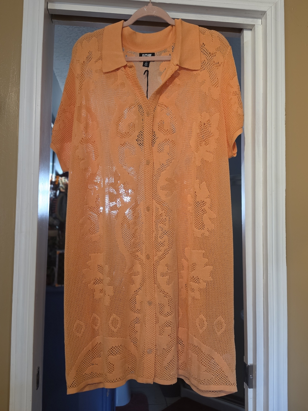 Unbranded Orange Mesh Button-Front Swim Coverup